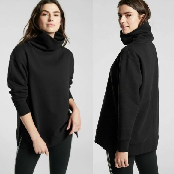 Athleta Tops - ATHLETA 24/7 Funnel Neck Sweatshirt XS BLACK CYA Fleece Turtleneck Side Slit Top